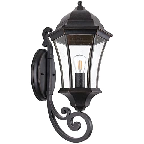 GOALPLUS Large Outdoor Wall Light Fixture for Porch, Bronze Aluminum Exterior Door Lantern Light with Wall Mount Outside Wall Sconce with Clear Seeded Glass Cover