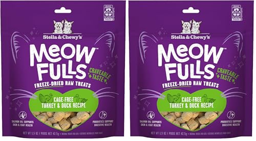 Image of Stella & Chewy's Meowfulls Freeze Dried Cat Treats - Turkey & Duck Recipe - Raw Protein with Probiotics-& Salmon Oil - 1 Calorie Per Treat - 1.5 oz,(Pack of 2)