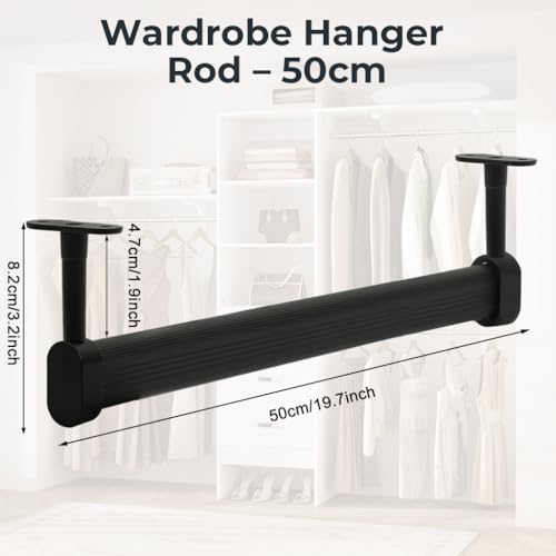 Image of HASTHIP Wardrobe Hanger Rod - 50cm Adjustable Heavy Duty Aluminum Closet Rod Wardrobe Rods for Hanging Clothes Adjustable Spacing Design, with Pre-punched Mounting Plates & Screws