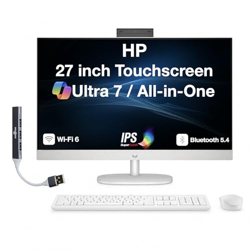 Image of HP 27 Copilot + All-in-One 27 inch Touchscreen IPS FHD Display (Intel Ultra 7-255U, 64GB DDR5, 8TB PCIe SSD, Intel Graphics, WiFi 6, Webcam, Bluetooth 5.4, Win 11 Pro) w /DKZ USB Port Expander