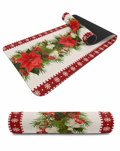 Debedcor Heat Proof Table Pads Waterproof Decorative, Christmas Poinsettia Non-Slip Table Countertop Protector, Xmas Floral Pine Needles Burlap Insulation Mat for Kitchen Room, 40 x 12 Inches