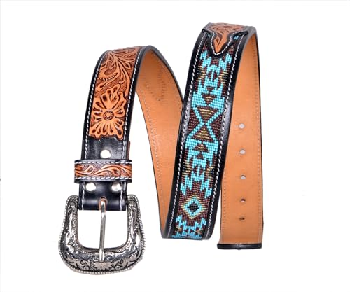 Western Tooled Leather Beaded Belt For Men and Women 30IS1084
