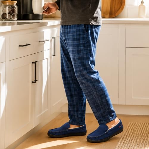 Image of Alpine Swiss Men's Moccasin Slippers Genuine Suede Slip-On House Shoes Memory Foam Insoles Plush Faux Shearling Lining Comfortable Indoor Outdoor Slipper with Anti-Slip Rubber Sole