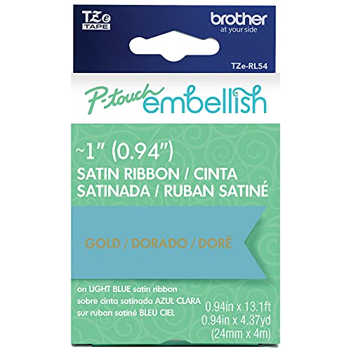 Image of Brother P-Touch Embellish Gold Print on Light Blue Satin Ribbon TZE-RL54 - ~1 inch inch Wide x 13.1' Long (24mm x 4m /4.37yds) inch (TZERL54)