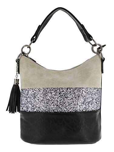 Sac à Main Bandoulière Femme Paillettes - Sacoche Messenger Porté Epaule Multicolore Rayures - Besace Bandes Anse Large Strass Brillant Soirée Mariage - PU Cuir Souple - Chic Tendance - Gris Noir Cover
