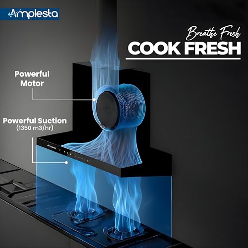 Image of Amplesta Sereno 75CM Chimney for Kitchen Auto Clean 1350 m3 /hr Vertical Wall Mounted Kitchen Chimney for Home Filterless Two Way Suction Touch & Gesture Control (Sereno MS AC FL 75 BK)