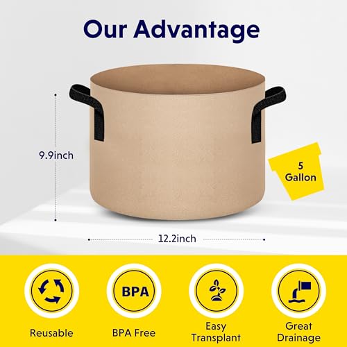 Image of iPower 5 Pack 5 Gallon Tan Grow Bags, Garden Planting Nonwoven Fabric Pots with Reinforced Handle, Heavy Duty and Aeration Planter Pot for Tomato, Fruits, Vegetables and Flowers
