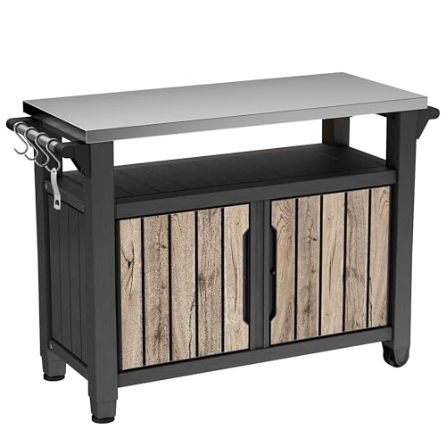 Koll Living Grilltisch UNITY XL | Servicetisch in Holzoptik Pinie | 298 Liter | mit Edelstahlplatte Türen Ablagefläche Aufhängungen Küchenrollenhalter Rollen und Griff | UV- & witterungsbeständig