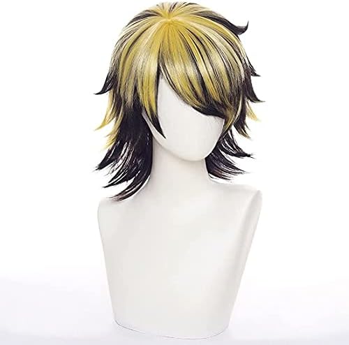 Liamiona Cosplay Wig Natural Black Yellow Short Cosplay Wigs Heat Resistant Hair Anime wig for Halloween Party + wig cap