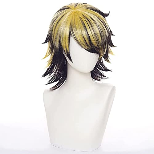 Liamiona Cosplay Wig Natural Black Yellow Short Cosplay Wigs Heat Resistant Hair Anime wig for Halloween Party + wig cap