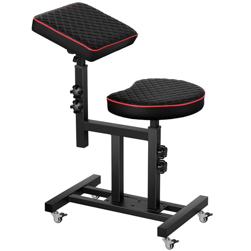 Poarmeey Tattoo Chair for Artist with Arm Rest Stand and Adjustable Panel Height Angles on Wheels Red Checkered Pillow