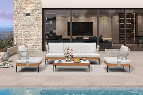 Image of PURPLE LEAF Patio Furniture Set Outdoor Conversation Sets with Fade-Resistant Cushions and Pillows 6 Pieces Aluminum Modern Wicker Sofa Chairs Plus Coffee Table for Balcony Yard Garden, White