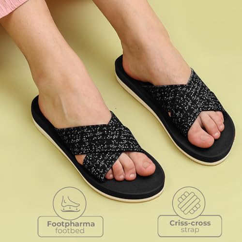 Image of YOHO Starry Slippers for Women | Criss-Cross Elastic Strap | Lightweight & Waterproof | Extra Soft Cushioned Orthopaedic Footpharma Footbed | Stylish Casual Flats for Everyday