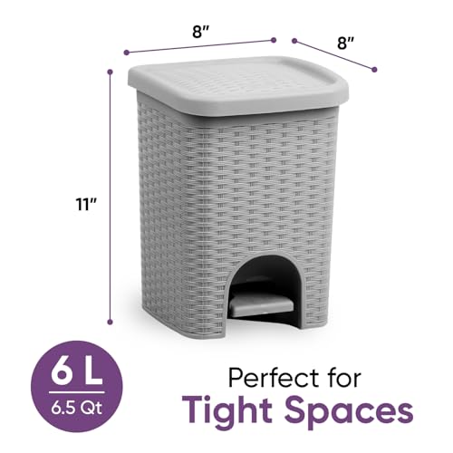 Image of Superio 2-Pack Mini 6L Step Pedal Trash Can - Wicker Design, Hidden Mechanism, Durable Plastic, Ideal for Desktop, Countertop, Pet Waste /Dog Poop- Grey