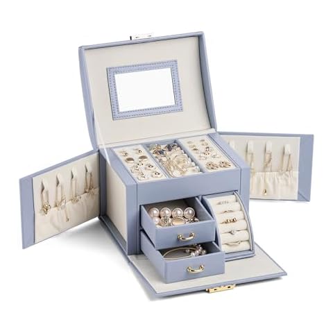 CASEGRACE Jewelry Box Organizer for Women Girls, Three Layer Jewelry Storage Box with Mirror PU Leather Jewelry Display Case for for Bracelets, Earrings, Rings, Necklaces,Blue Cover