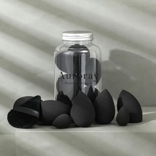 auroray 14 Pcs Makeup Sponge Set, Beauty Sponges Blender with 4 Pcs Powder Puff and 4 Pcs Mini Make up Sponges for Liquid,Foundation,Powder,Concealer,Cream (Black)