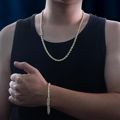 14k Gold Plated Rope Chain with Artificial Simulated Diamond Clasp 5mm Stainless Steel Twist Chain Necklace Bracelet for Men Women 7.5-24 Inches3