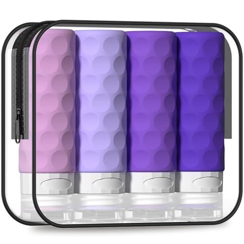 Image of Silevoler Travel Bottles for Toiletries, 4pcs Tsa Approved 3oz Travel Size Containers, BPA Free Leak Proof Premium Silicone Bottles, Refillable Liquid Squeezable Accessories W /Toiletry Bag(Purple)