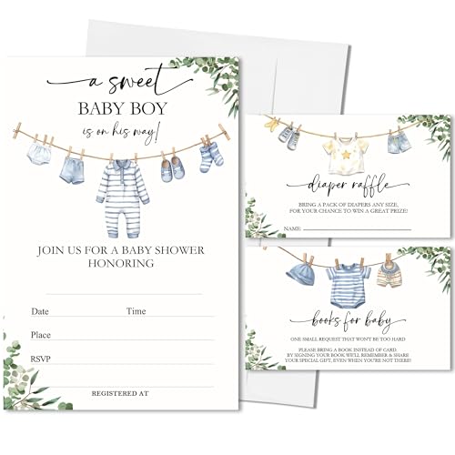 Baby Shower Invitations For Boy A Sweet Baby Boy Is On His Way Baby Shower Invites With Envelopes Book Request Cards Diaper Raffle Tickets Gender Reveal Party Decorations & Supplies25 Set-A01