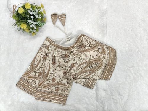Image of Pujia Mills Women's Readymade Bridal Blouse Embroidery Copper Coding Glitter Sequence Thread Work Indian Ethnic Designer Stitched Half Sleeve Blouse Readymade for Women Saree Bridal Lehenga Choli