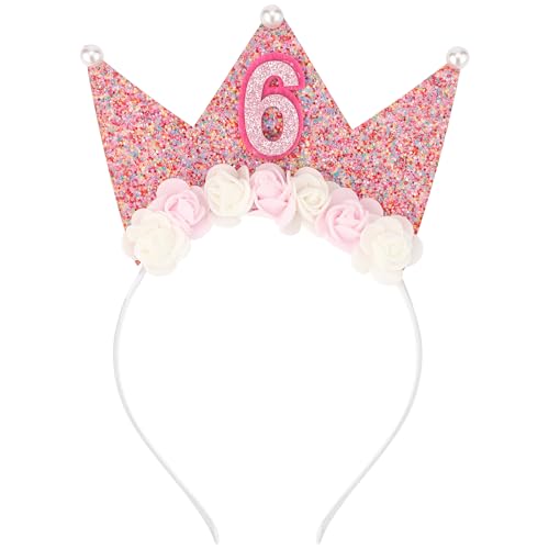 SuPoo Birthday Decorations for Girls - 6th Birthday Headband Crown, Glitter Hair Band, Flower Princess Tiara Hair Accessory for Party