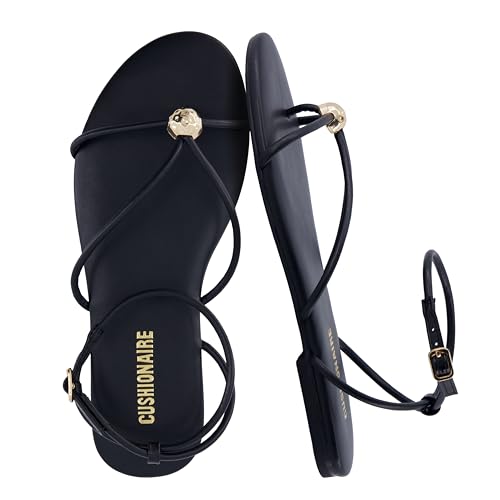 CUSHIONAIRE Tory Strappy Flat Sandals for Women, Toe Ring Sandals with Adjustable Buckle Ankle Strap, Wrap Style, BLACK 10 by CUSHIONAIRE - Used condition - US$34.03
