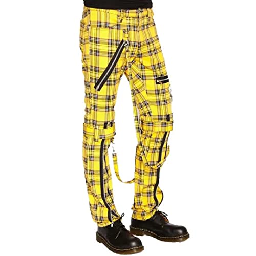 Men Bondage Straps Punk Yellow Plaid Jeans Pant Alternative Rebel Rock Emo Pant/USA (as1, Numeric, Numeric_34, Regular, Regular)