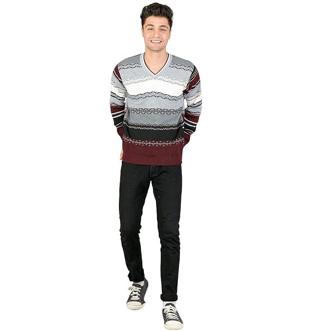 Men's Woolen V-Neck Pullover, Self Design Pattern, Heavy Rainbow Fabric, Pure Wool Winter Cardigan, Free Size-picture-36