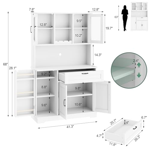 Image of Shintenchi Kitchen Pantry Storage Cabinet, Freestanding Buffet Cabinet with Microwave Stand & 4 Door Shelves, Kitchen Hutch with Doors, Adjustable Shelves and Wine Rack, White