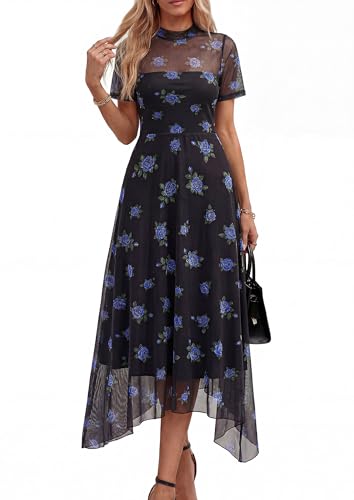 PRETTYGARDEN Cocktail Dresses for Women 2026 Summer Short Sleeve Floral Mesh Sheer Midi Party Wedding Guest Dress (Floral Black Blue,XX-Large) — view 6