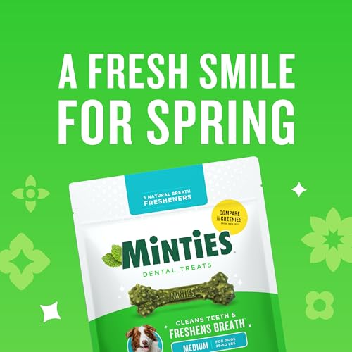 Image of Minties Dental Chews for Dogs, 60 Count, Vet-Recommended Mint-Flavored Dental Dog Treats for Medium Dogs, Bones Clean Teeth, Fight Bad Breath, and Removes Plaque and Tartar