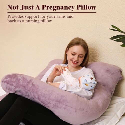 Image of Chilling Home Pregnancy Pillow, U Shape Pregnancy Pillows for Sleeping, 55in Body Pillow for Sleeping, Body Pillows for Adults, Maternity Pillow, Velvet Removable Cover, Pink