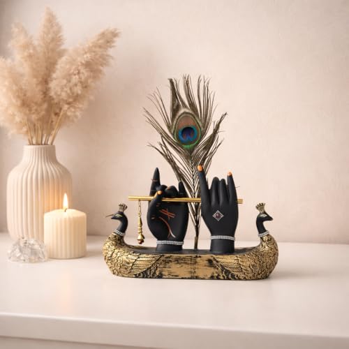 Image of Krishna Hand with Flute & Peacock Feather Idol for Home Decor Gift, Office & Living Room, Peacock Showpiece with Flute, Lord Laddo Gopal Figurine Murlidhar, Kanhaiya, Makhan Chor, Diwali Decoration