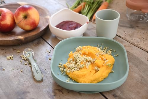 Image of BEABA Silicone 4-Piece Meal Set - Easy to Clean - Dishwasher and Microwave Safe - Soft, Unbreakable, Non-Slip Suction Bottom - Includes Plate, Bowl, Cup and 2nd Stage Silicone Spoon (Sage Green)
