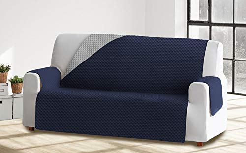 Cabetex Home - Cubre sofá Reversible Bicolor con ajustes - Microfibra Acolchada Antimanchas (Gris/Azul, 3 Plazas)