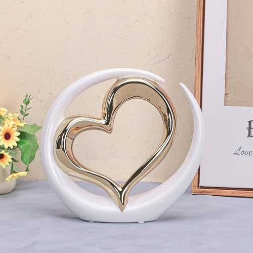 Estatua decorativa corazón de porcelana blanco y dorado miniatura 6