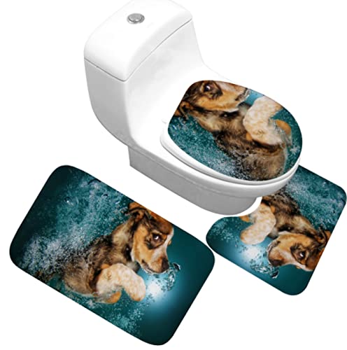 3 Teilig Badematte Set Grüner Hund 3D Badematten Set rutschfest, Badezimmerteppich,U-förmiger WC-Vorleger,WC-Deckelbezug…