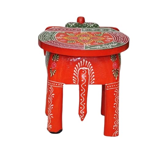 Image of Hand-Crafted and Emboss Colorful Painted Wooden Elephant Round Shape Stool for Home /Office /Living or Bedroom Decor,Decorative Showpiece (8 Inches Height, Orange)