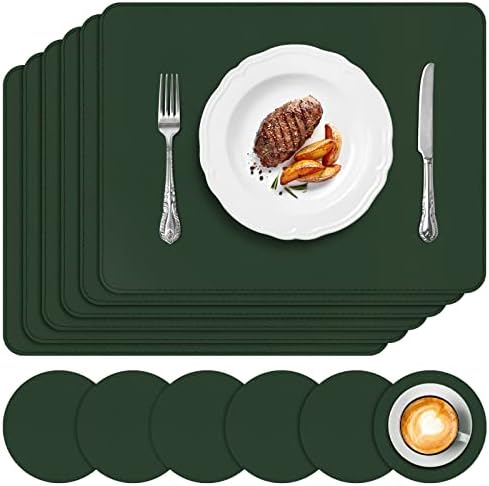 APLKER Placemats and Coasters Set of 6, Heat Insulation PU Leather Table Mats Non-Slip Washable Waterproof Kitchen Dining Place Mats for Home Restaurant Hotel, Black