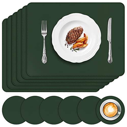 APLKER - APLKER Placemats Set of 6, Faux Leather Heat Resistant Place Mats for Dining Table, Waterproof Washable Table Mats and Coasters, Indoor & Outdoor Kitchen Table Placemats, Deep Green