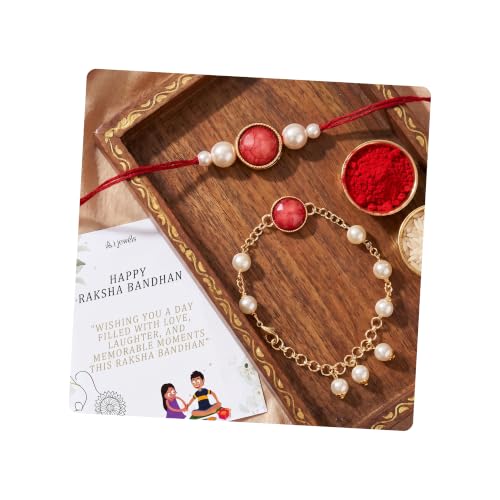 Image of I Jewels Designer Kundan Pearl beaded Bhaiya Bhabhi Lumba Rakhi Bracelet Combo Set With Roli Chawal & Rakshabandhan Greeting Card