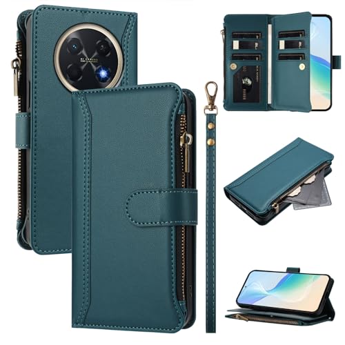 Wallet Case for Huawei P90 PRO MAX ﻿Flip PU Leather, Zipper Card Holder Slots Kickstand,with Wrist Strap, Shockproof Phone Protective, Stand Folio Cases Cover for Women Men(Dark Green)