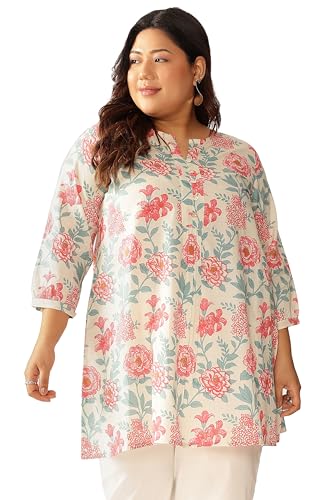 Image of Janasya Women's Plus Size Off White Pure Cotton Floral A-Line Tunic