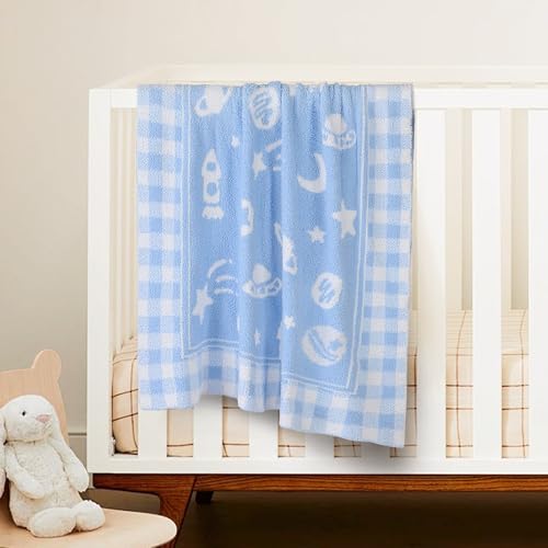 Image of Blue Planet Baby Blanket - Knitted Space-Themed Throw for Baby Boys, Galaxy Nursery Decor & Newborn Shower Gifts - Soft & Breathable, 30x40 Inch