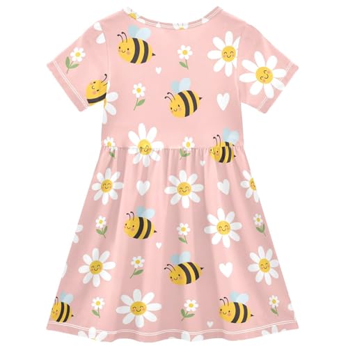 Emelivor Bee Flower Pink Girls Summer Dress Toddler Casual Dresses Girl Short Sleeve Dress for Girl,2T2