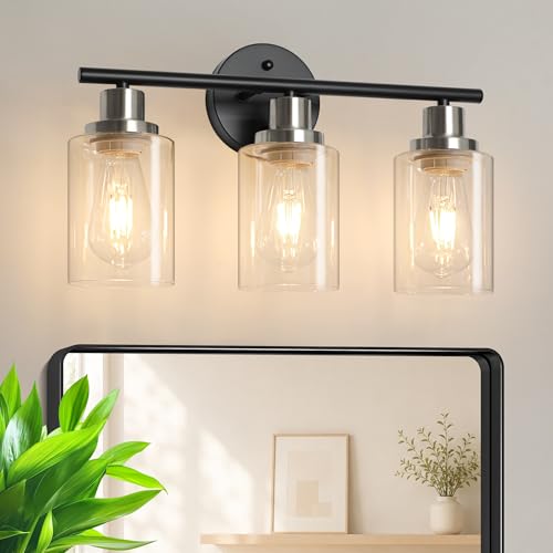 Image of Unicozin Modern Bathroom Light Fixtures, 3 Light Vanity Lights, Black and Brushed Nickel Wall Lamp with Clear Glass for Bathroom, Mirror, Living Room, Bedroom, Hallway, E26 Base