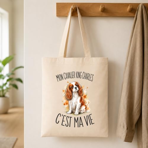 Planetee Tote Bag Mon Cavalier King Charles C'est Ma Vie | Sac de Plage en Toile de Coton Épaule | Idée Cadeau Femme Maîtresse Anniversaire Noël | Imprimé en Bretagne – vue 3