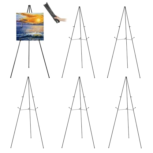 JIUYE 63" Tall Display Easel Stand for Wedding Sign Poster, Foldable and Adjustable Floor Metal Easels for Display Painting Arts,with Portable Bag,Holds 5 LBS (Black,6Pack) by JIUYE - Used condition - US$42.21