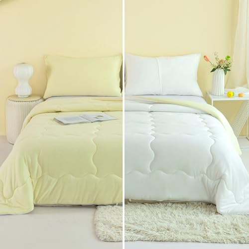 COTTEBED Reversible Queen Sized Bedding Comforter Sets - Cute Jersey Knit T-Shirt Feel Dual-Sided Full Down Comforters - Ultra-Soft Lightweight Quilt & 2 Pillow Shams All Season Use (Yellow and White)