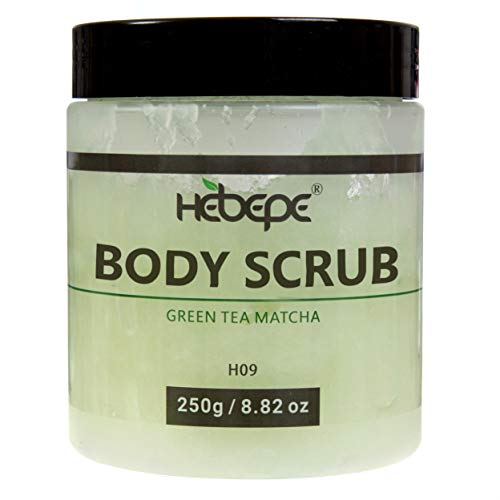 Hebepe Green Tea Matcha Body Scrub 8.8 Ounces, Fine Sea Salt Bath Scrub, with Hyaluronic Acid, Collagen, Vitamin C, E, Apricot, Shea Butter, Gentle Exfoliation and Moisturizing Acne Blackhead Scrub